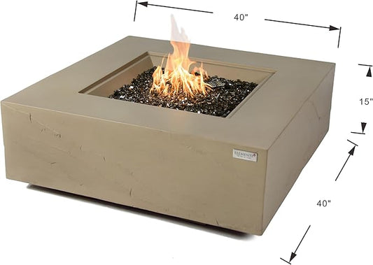 Elementi+ | Bundle Uluru Gas Fire Pit Cast Concrete 40" Square Fire Table, Outdoor Fire Pit Electronic Ignition | Canvas Cover, Fire Glass and Burner Lid Included | Sunlight Yellow | Natural Gas