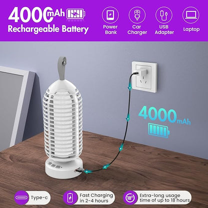 Bug Zapper Outdoor with Colorful Lighting and Auto-Sensing, 3 in 1 Cordless 4000mAh Battery Electric Fly Trap, Rechargeable Mosquito Zapper for Camping, Patios, Garden, Kitchen (2Pack-White)