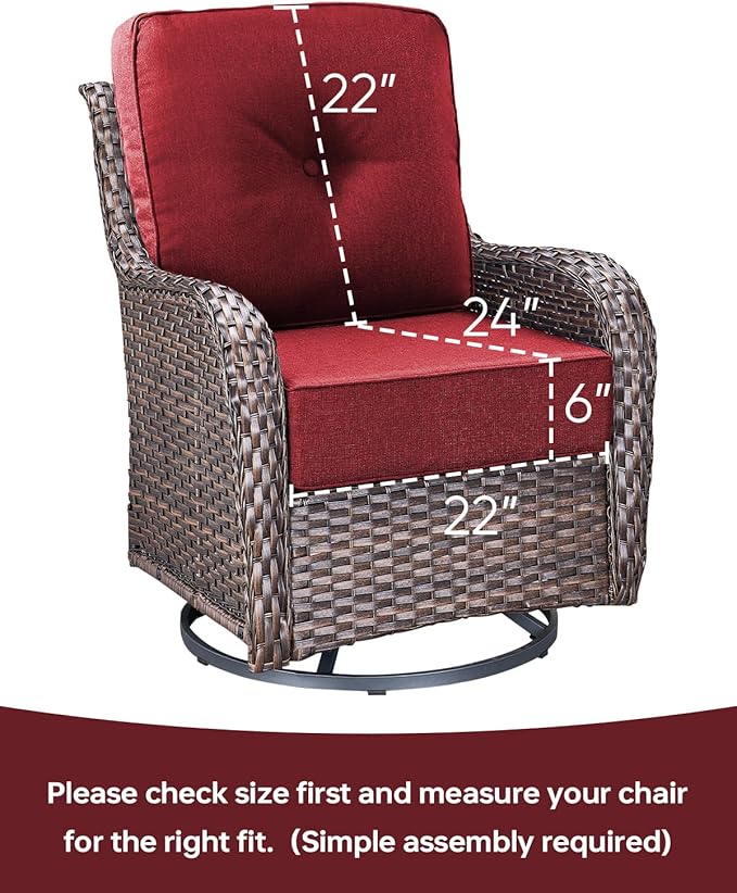 Luxury 22x24/22x25 6-Inch Outdoor Cushions for 5 Peice Patio Furniture Set - Set of 5 Water Repellent Pillow for Wicker Rocking Swivel Chairs Loveseat Couch Sectional Sofa - Red