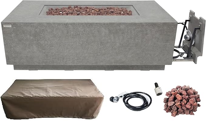 ELEMENTI Andes Propane Gas Fire Pit Table | Rectangular Concrete Fireplace with Concealed Propane Tank Storage Drawer | Electronic Ignition | Light Gray
