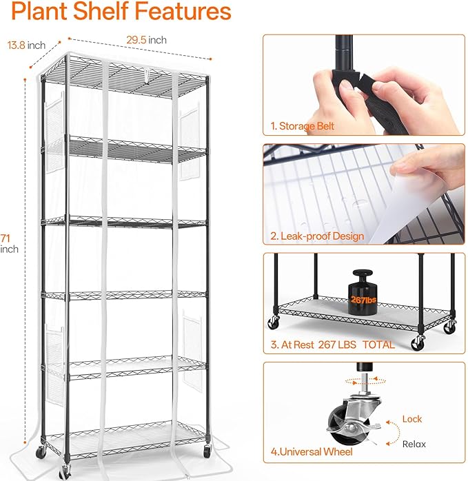 Bstrip Indoor Greenhouse with Grow Light, Mini Green house with 5 Pack T8 Full Spectrum Plant Lights, Plant Shelf with Tent for Indoor Plant, Seed Starting, Seed Tray, 29.5"x13.8"x71"