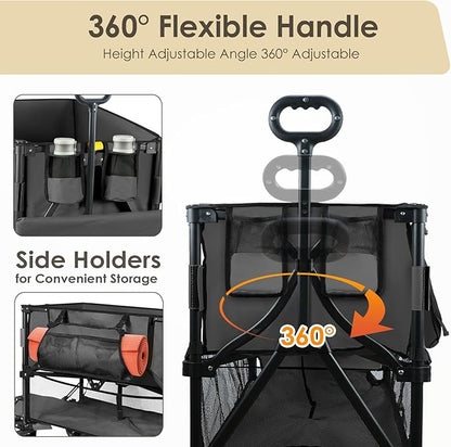 HOPERAN 400L XL Wagons Carts Foldable, 54" Extra Length Double Decker Collapsible Wagon Cart with Tailgate, 8" Big All-Terrain Wheels, 550lbs Load Utility Grocery Cart for Camping,Sports,Beach