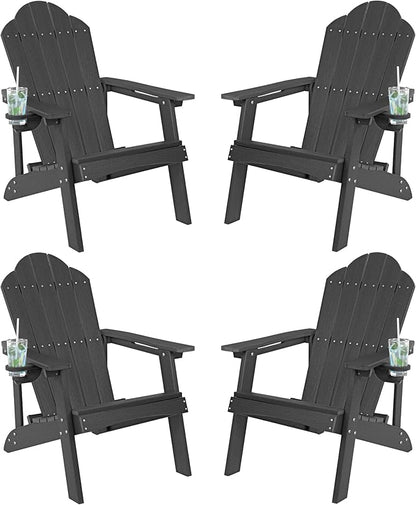 LUE BONA HDPE Adirondack Chairs Set of 4,Plastic Adirondack Chairs with Cup Holder Weather Resistant for Outdoor, Patio, Lawn, Garden, Backyard Deck, Fire Pit, Black