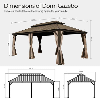 Domi 12x20FT Outdoor Gazebo, Hardtop Gazebo with Galvanized Steel Double Roof, Metal Gazebos with Drainage System Patio Pergola for Patio Deck Backyard,Curtain and Netting,Brown