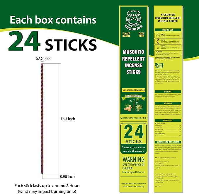 KICKOUTOR® Mosquito Incense Sticks with Natural Citronella Oil, 24 Count Indoor Outdoor Mosquito Repellent for Patio Camping Backyard, 8-Hour DEET-Free No-See-ums Bug Protection Each
