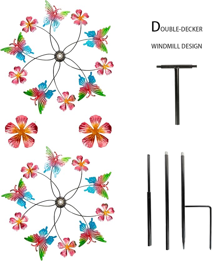 38" Double Blade Butterfly Wind Spinners Outdoor, Colorful Butterflies Kinetic Outdoor Decor for Patio, Lawn & Garden Decor