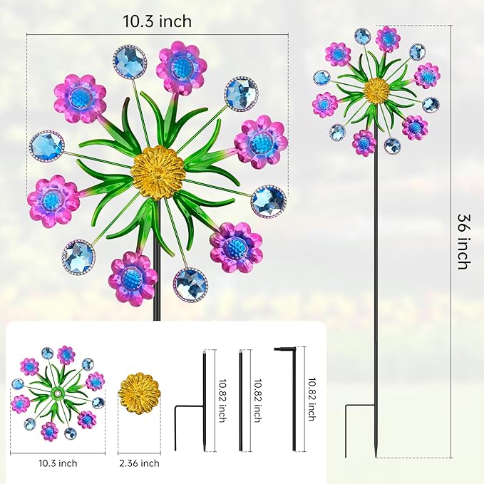 Purple Flowers Outdoor Wind Spinner, 36" Metal Wind Sculpture with Stake, Wind Spinners for Yard and Garden Lawn Patio Decor