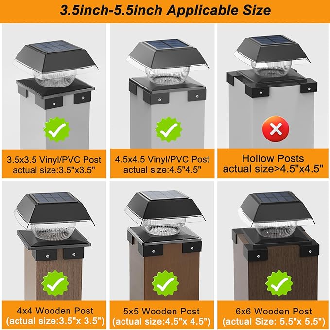 INDARUN Solar Post Cap Lights, Solar Fence Deck Post Lights Outdoor Fit 4x4 5x5 6x6 Wood Posts, Vinyl 4x4 Post Caps, 120 Lumen, Cool White & Warm White, Landscape Lighting for Patio, Porch, Yard
