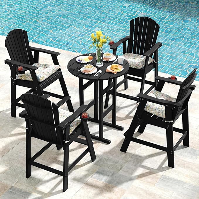 Sundale Outdoor Adirondack Round Bar Table, 39 Inch Height Patio Large Pub Table for 4, All Weather HDPE High Top Bistro Counter Table for Outside Deck Porch Balcony Poolside, Black