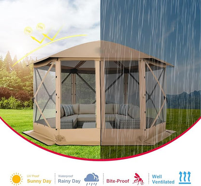 COBlZl Pop Up Gazebo 12x12 Screen House Tent for Camping, Outdoor Instant Stargazing Gazebo Canopy with Awning 2.0, Portable Hub Tent with Mosquito Netting, Pavilion for Backyard,Khaki