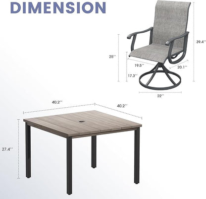 VICLLAX 5 Pieces Outdoor Dining Set, Patio Furniture Set of 4 Patio Swivel Dining Chairs and Square Patio Table, Grey Chairs & Antique Grey Tabletop