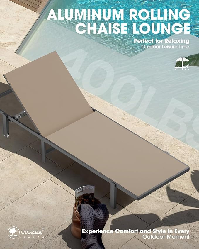 Patio Chaise Lounge Chair Set of 2, Outdoor Lounge Chairs with Wheels, 5-Position Adjustable Sun Loungers for Pool, Deck, Beach, Khaki