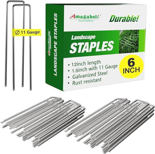 AMAGABELI GARDEN & HOME 6 Inch 200 Pack Galvanized Landscape Staples 11 Gauge Anti-Rust Heavy Duty Garden Staples Plant Cover Stakes U-Shaped Sod Pins Ground Fence Stakes for Weed Barrier Fabric