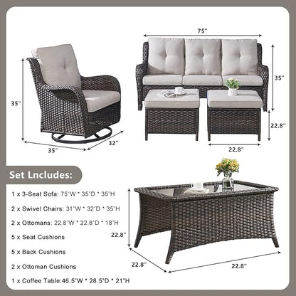 Rilyson 6 Piece Outdoor Patio Furniture Set - Rattan Wicker Patio Conversation Sets with 2 Swivel Rocker Chairs,2 Ottomans,1 Sofa and 1 Coffee Table for Outside Porch Deck Backyard(Brown/Beige)