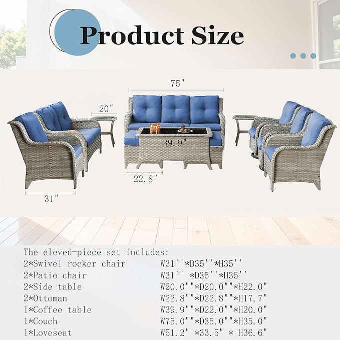 Outdoor Furniture：11 PCS Patio Furniture Set, Outdoor Furniture Set with Swivel Patio Chairs, Light Beige/Blue