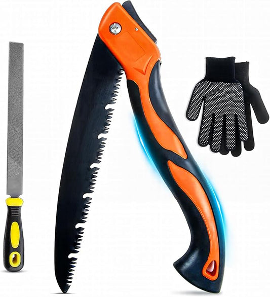 10 Inch Heavy Duty Folding Pruning Saw, SK5 Curved Blade with Triple-Cut Razor Teeth, Hand Saw for Tree Cutting, Camping, Gardening, Hiking, Landscaping & Branch Trimming