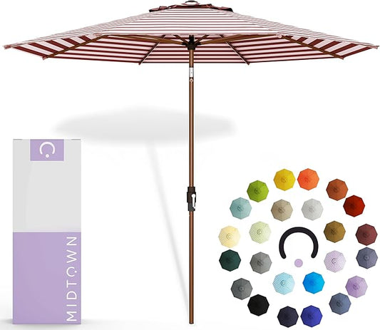 Midtown Umbrellas The Wooden 2-10 Feet Large Patio Umbrella, Terylast Red & White Stripes Fabric, Aluminum Frame For Backyard Umbrella, Deck Umbrella, Garden Umbrella & Pool Umbrella - Wooden Pole