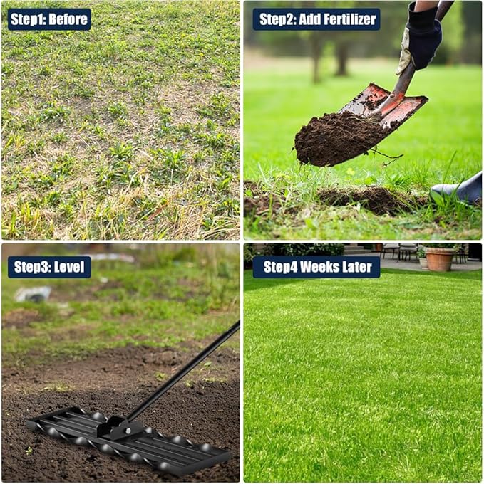 Three Oranges Lawn Leveling Rakes (30x10 inch), ,Spiral Patented Design, with a 72" Handle Rake, Suitable for Backyards, Gardens, Golf Courses, Farms, Pastures