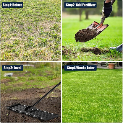 Lawn Leveling Rrakes (17x10 inch),Lawn Leveling Tool ,Spiral Patented Design with a 72" Handle rake, Suitable for backyards, Gardens, Golf Courses, Farms, Pastures