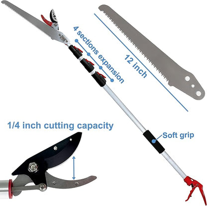Tree Pruner Extendable 4.5-11.5 FT, Tree Trimmer Telescoping with 4 Section, Long Handle Pruning Shears, Cut and Hold Clippers, Pole Saws Branch Cutter, Loppers, Fruit Picker Tool