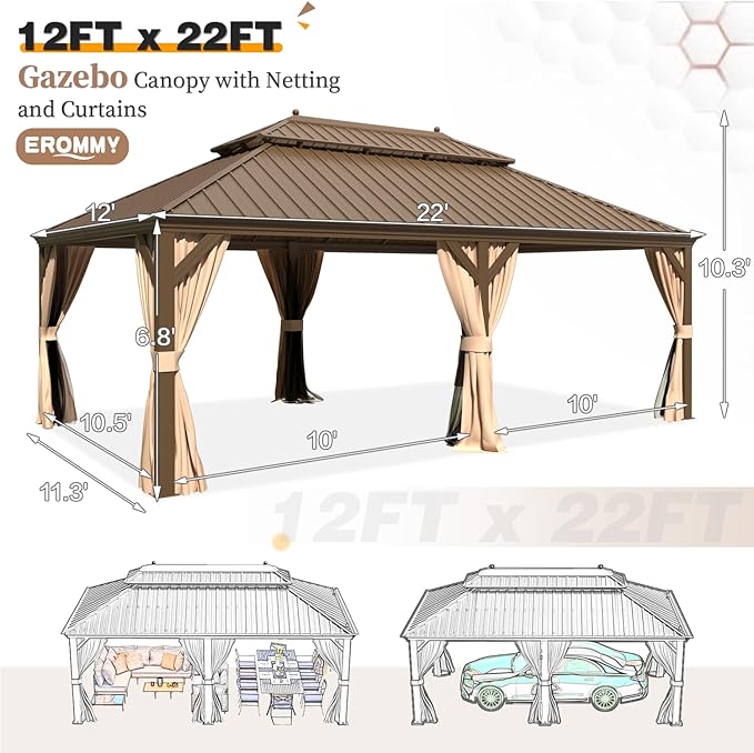 EROMMY 12'x22' Hardtop Gazebo, Galvanized Steel Double Roof Canopy with Aluminum Frame Permanent Metal Pavilion with Netting and Curtains for Patio Backyard Deck and Lawns