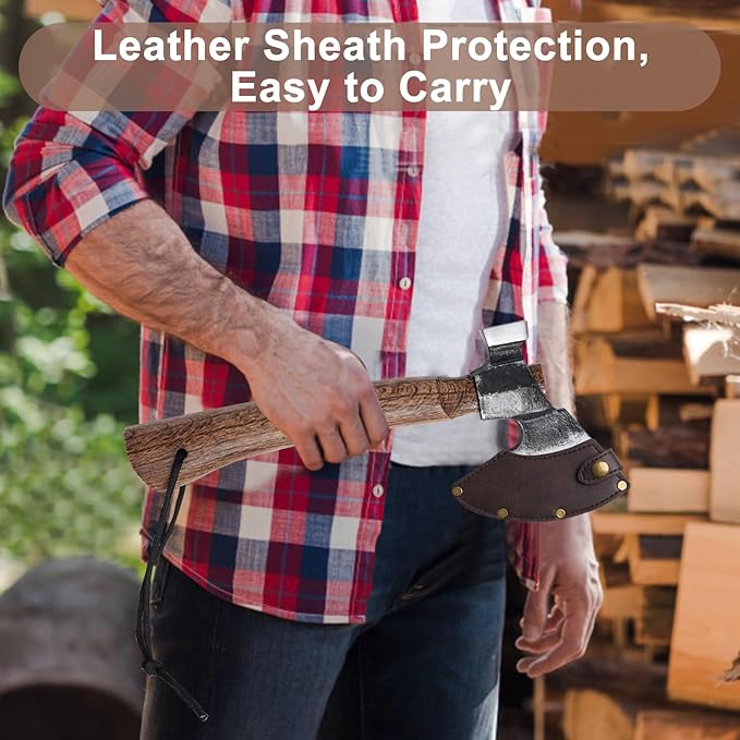 Wood Splitting Axe with Leather Sheath,Camping Hatchet with 10.74" Solid Handle,Bushcraft Axe with Hammering for Gardening,Chopping, Felling, Survival,Carving