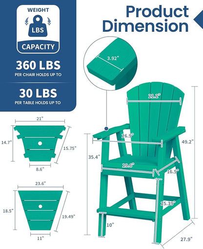 Ciokea Tall Adirondack Chairs Set of 2, HDPE Outdoor Adirondack Bar Stools with Double Connecting Tray, Weather Resistant High Back Adirondack Balcony Chairs for Deck, Lawn, Pool, Backyard, Lake Blue