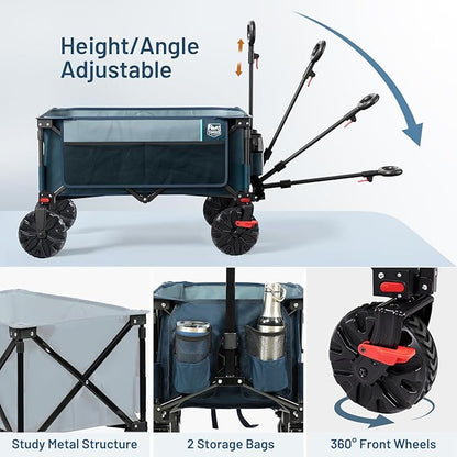 Timber Ridge Outdoor Collapsible Wagon with Brakes Utility Folding Cart Heavy Duty All Terrain Wheels for Shopping Camping Garden with Side Bag and Cup Holders, Blue