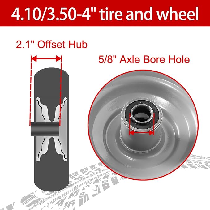 10" Solid Tire Replacement 4.10/3.50-4 Flat Free Tire and Wheel for Garden Carts, Hand Trucks, Wheelbarrows,10x3.50-4" with 5/8" Axle Bore & 2 1/4" Offset Hub (2 Pack)