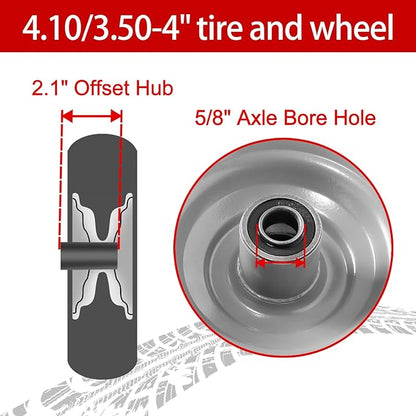 10" Solid Tire Replacement 4.10/3.50-4 Flat Free Tire and Wheel for Garden Carts, Hand Trucks, Wheelbarrows,10x3.50-4" with 5/8" Axle Bore & 2 1/4" Offset Hub (2 Pack)
