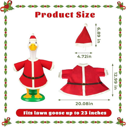 Christmas Porch Goose Outfits for 23" Lawn Statue, 2 Pcs Goose Costume with Santa Hat & Clothes for Concrete/Plastic/Cement Goose, Weather-Resistant Holiday Decor for Yard/Garden