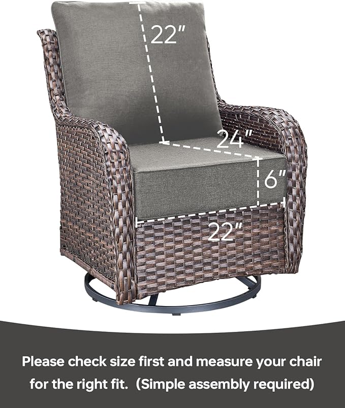 Luxury 22x24/22x25 6-Inch Outdoor Seat Cushions - Set of 2 Water Resistant Patio Chair Comfortable Cushion for Rattan Dining Rocker Glider Chairs Loveseat Couch Sectional Sofa - Grey