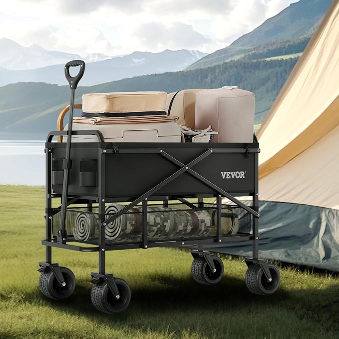 VEVOR 400L/450lbs Large Collapsible Double Decker Wagon, Foldable Heavy Duty Beach Wagon Cart with Big Wheels for Sand, Folding Utility Sports Cart for Camping Garden