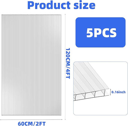 Pack 5 Polycarbonate Greenhouse Panels,Twin-Wall Polycarbonate Sheet 4' x 2' x 0.1'',Clear Polycarbonate Sheets for Greenhouse, Patio, and Roof Panels