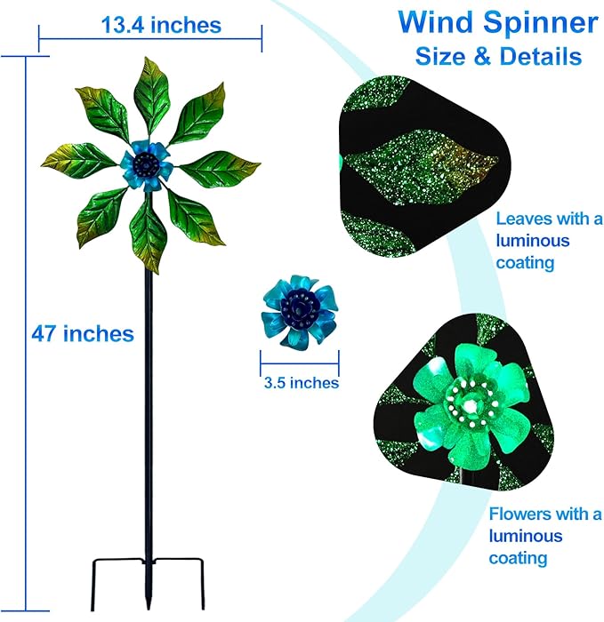 Glow-in-Dark Metal Wind Spinner for Yard and Garden, Outdoor Luminous Wind Spinners Yard Art Garden Decor (13.4" W x 47" H) Blue