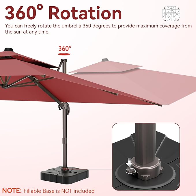 10x13 FT Patio Umbrella, Large Cantilever Rectangular Double Top Heavy Duty Offset Umbrellas with 360° Rotation, Outdoor shade for Garden Deck Pool Patio, Red