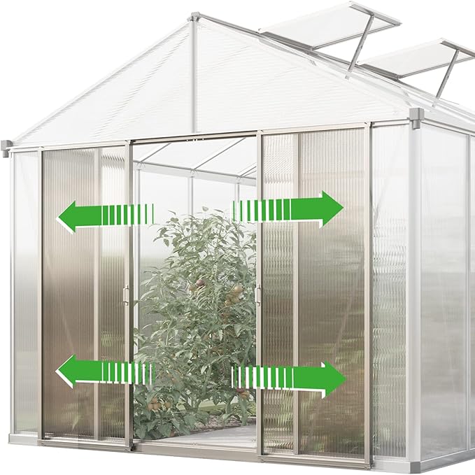 Greenhouse Rubin 5 Aluminum Frame 8.6 x 10.5 ft with Approx. 10 mm Polycarbonate Panels - with 2 Extra Skylights and 2 Automatic Window Openers