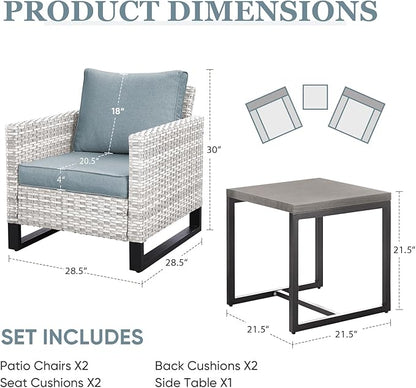 HUMMUH Outdoor Patio Chairs Metal Frame Wicker Dinning Chairs with Side Table 4 inch Seat Cushions Light Blue