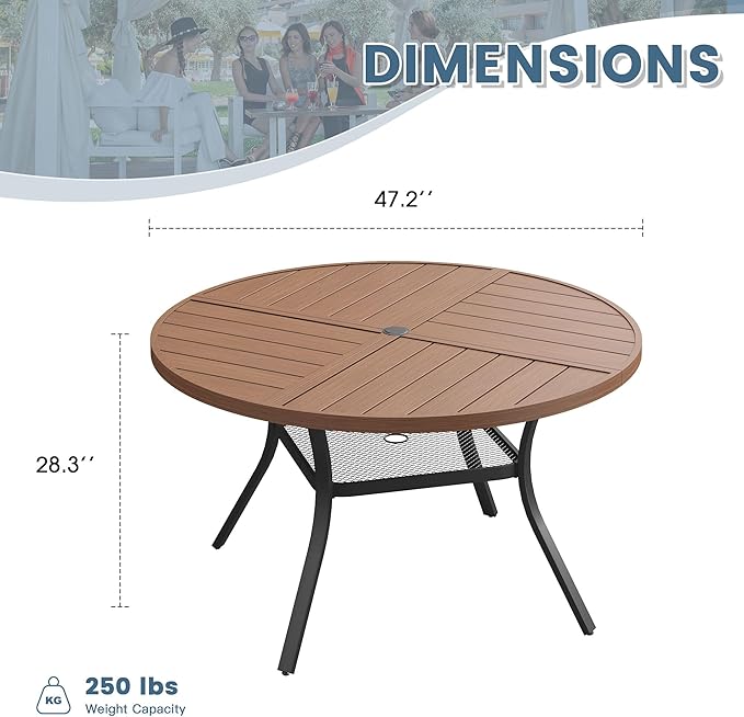 DIFY 47.2" Round Outdoor Patio Dining Table for 6, All-Weather Metal Steel Slatted Patio Table with 1.57" Adjustable Umbrella Hole, for Lawn Garden Porch Backyard, Walnut