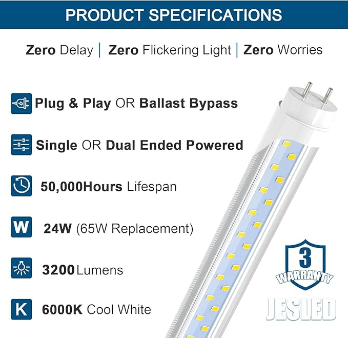 JESLED 4FT LED T8 Type A+B Tube Lights, 24W(65W Equivalent), 3200LM, 6000K, Single or Double End Powered, Plug and Play or Ballast Bypass, 4 Foot T10 T12 Fluorescent Bulbs Replacement, Clear(4-Pack)