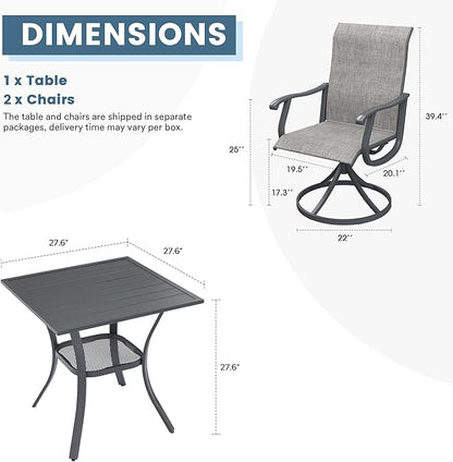 DIFY 3 Pieces Outdoor Patio Dining Set for 2, 27.6" Small Square Metal Dining Table and 2 Textilene Swivel Dining Chairs, Outdoor Table and Chairs, Grey