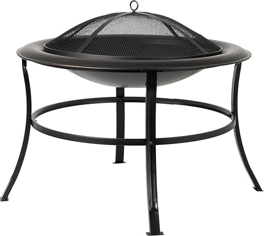 Fire Sense 62237 Fire Pit Tokia Steel Wood Burning Lightweight Portable Outdoor Firepit Rounded Lip & Curved Legs Included Wood Grate & Screen Lift Tool - 30" Round - Black