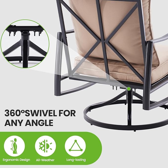 Soohow Patio Furniture Set, 5 Piece Outdoor Patio Furniture Set, 2 x Outdoor Swivel Chair, 1 x 3-Seats Sofa and 2 x Ottoman, Metal Conversation Set for Porch, Balcony, and Backyard