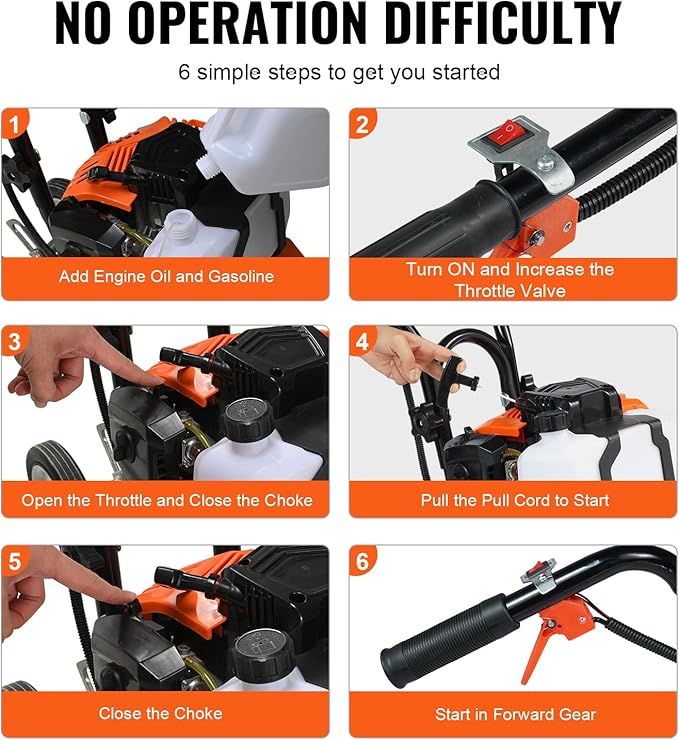 VEVOR Tiller Cultivator Gas Powered, 43CC 2-Stroke Garden Cultivator, Tiller with 4 Steel Adjustable Front Tines for Lawn, Garden and Field Soil Cultivation