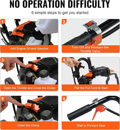 VEVOR Tiller Cultivator Gas Powered, 43CC 2-Stroke Garden Cultivator, Tiller with 4 Steel Adjustable Front Tines for Lawn, Garden and Field Soil Cultivation