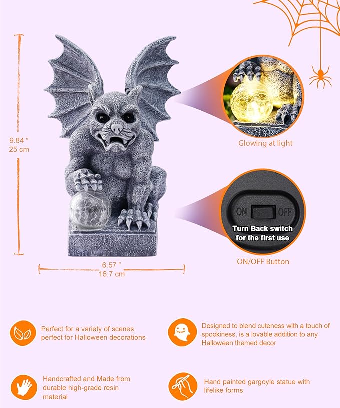 Nacome Solar Gothic Gargoyle Garden Statue: Outdoor Dragon Decor Sculpture with Ball Lights for Yard Art Porch Patio - Unique Birthday Gifts for Women Mom