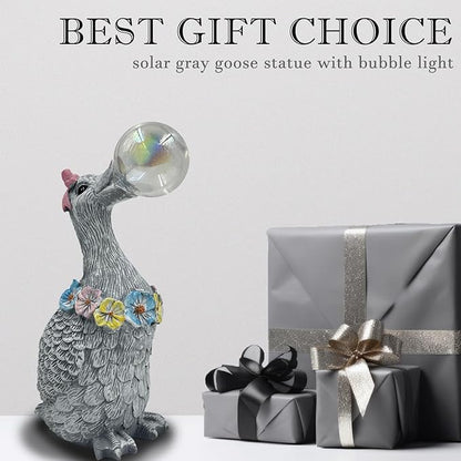 Porch Goose Statue with Solar Bubble Light Garden Gray Figurine Decor for Yard Lawn Patio Outdoor Decorations Housewarming Gifts for Mom Grandma Women
