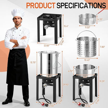 Outvita 30QT Turkey Fryer & 10QT Fish Fryer Kit w/ 55,000BTU Propane Stove, Aluminum Outdoor Deep Fryer & Seafood Boiler Steamer Gas Boiler, Gifts for Christmas Thanksgiving Day