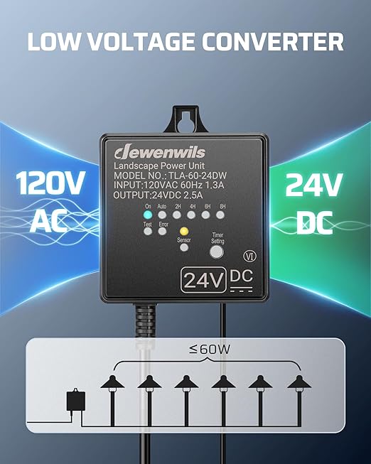 DEWENWILS Low Voltage Landscape Transformer, 60W 120V AC to 24V DC, Landscape Lighting Transformer with Timer & Photocell Sensor, Outdoor Weatherproof for LED Lights, Spotlights, Pathway Lights