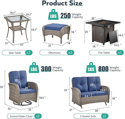 7 Piece Patio Furniture Set with Fire Pit Table - Wicker Patio Conversation Set with Swivel Glider, Glider Loveseat, Side Table and 2 Ottomans for Deck Backyard - Grey Wicker Blue Cushion